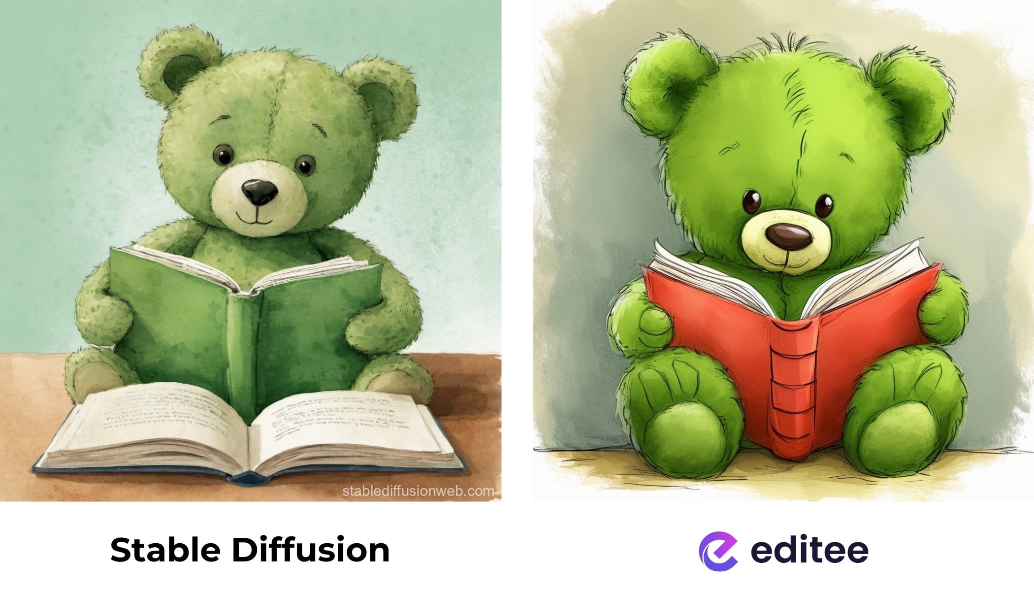 zelený medvídek čte knihu - srovnání stable diffusion a editee