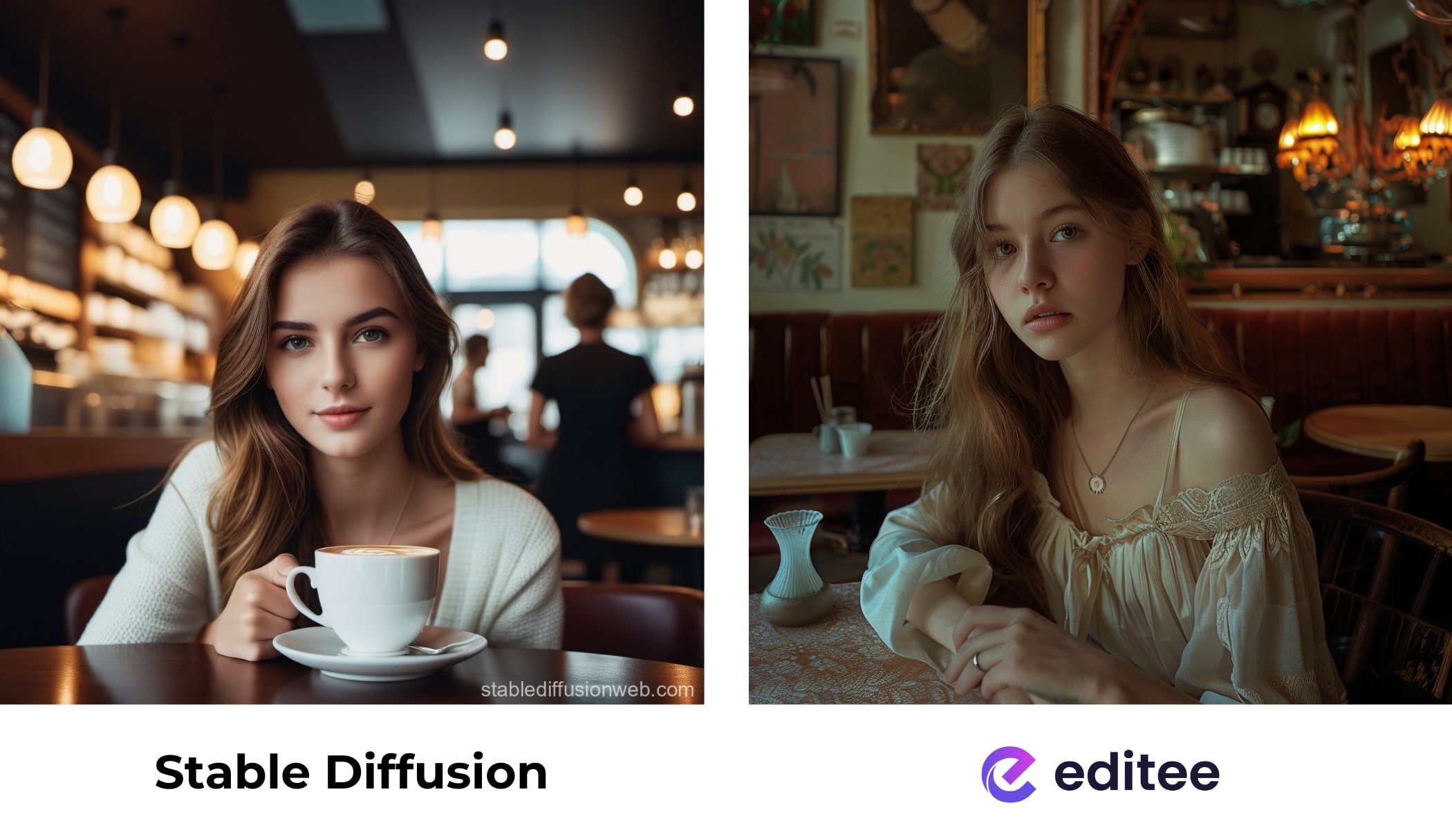 žena v kavárně - srovnání obrázků vytvořených přes stable diffusion a editee